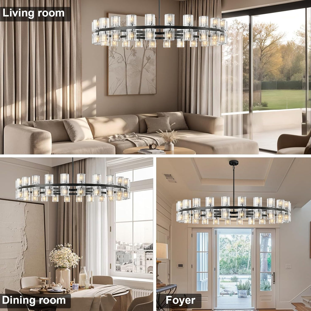 Modern 48 in Black Round Chandelier Light Fixture, Crystal Chandeliers for Dining Room, Living Room, Wagon Wheel Chandelier Over Table Chandeliers for Bedroom,Foyer,Includes 48xG4 Bulbs