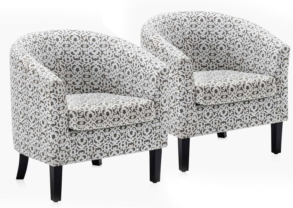 BELLEZE Accent Barrel Chair Set of 2, Linen Round Chair Club Tub Sofa Corner Chair with Flared Legs and Cozy Soft Padding for Living Room Bedroom Waiting Room - White & Brown