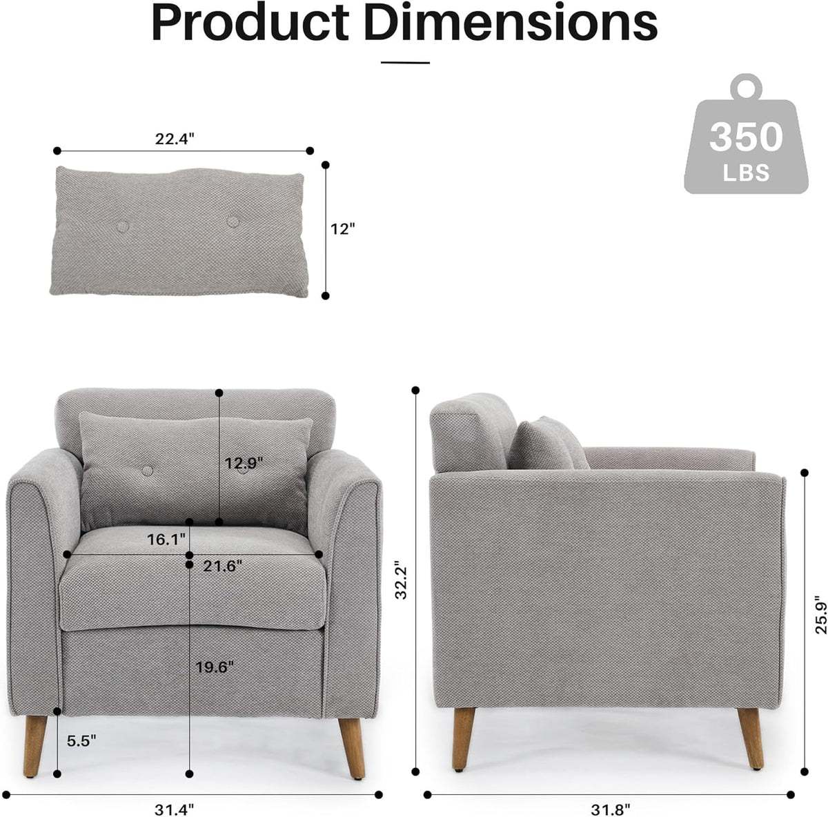 Mid Century Modern Accent Chairs, Chenille Grey Upholstered Armchair,Living Room Chairs with Wooden Legs, Side Single Sofa Chair for Bedroom, Office Cafe Waiting Room Apartment