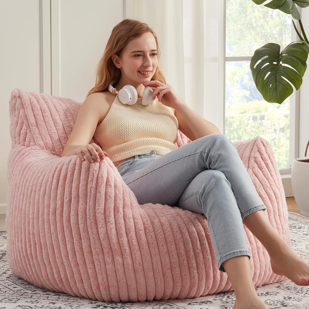 Giant Bean Bag Chairs for Adults with Filling Plush Fluffy Bean Bag Chairs for Teens with Armrests Comfy BeanBag Lazy Couch Sofa Chair for Bedroom Living Room Reading