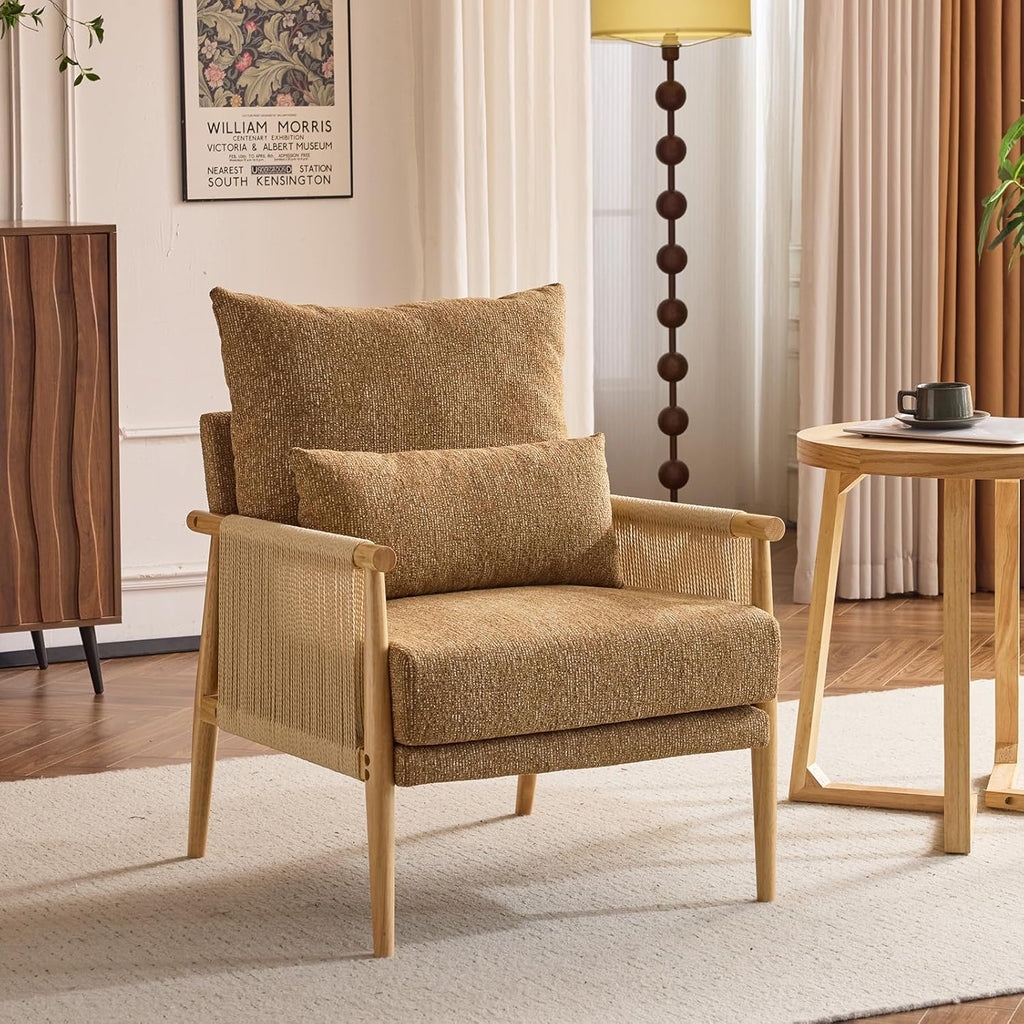 VINGLI Boho Braid Accent Armchair,Mid-Century Modern Chiar with Solid Wooden Armrest,Comfy Louge Cushion Chair with Waist Pillow for Bedroom,Living Room,Reading Room, Khaki