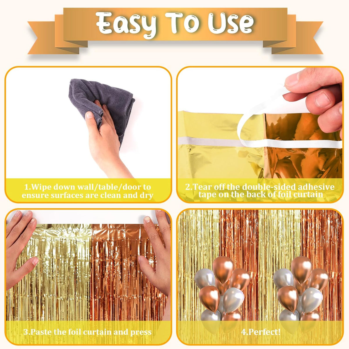 3 Pack 3.3 x 8.2 ft Rose and Champion Foil Fringe Backdrop Curtains, Tinsel Streamers Party Decorations, Fringe Backdrop, Door Shimmer for Anniversary or Birthday Party