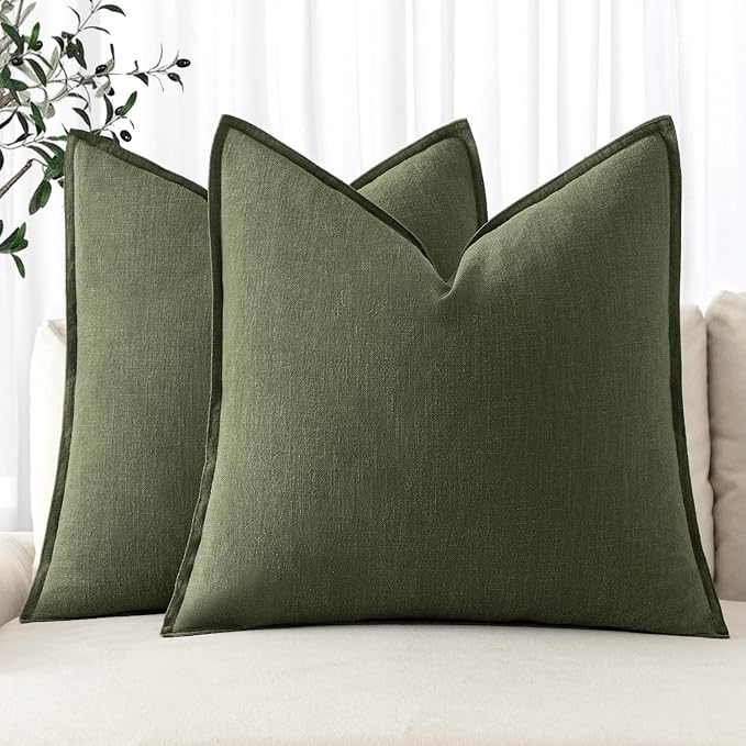 MIULEE Decorative Linen Pillow Covers 18x18 Inch Dark Olive Green | Boho by MIULEE