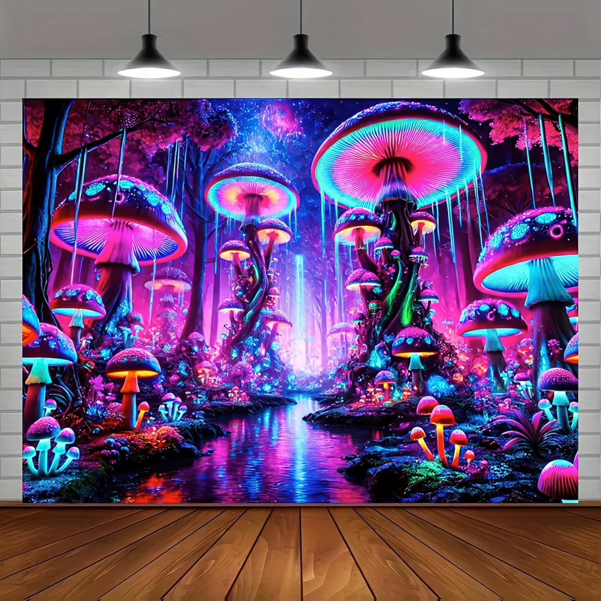 BlissYard Blacklight Tapestry UV Reactive Mushroom Tapestries Fantasy Mountain Forest Landscape Tapestry Mysterious Jungle Moon Night Neon Flower Wall Hanging Glow in the Dark Backdrop 59" x 80"