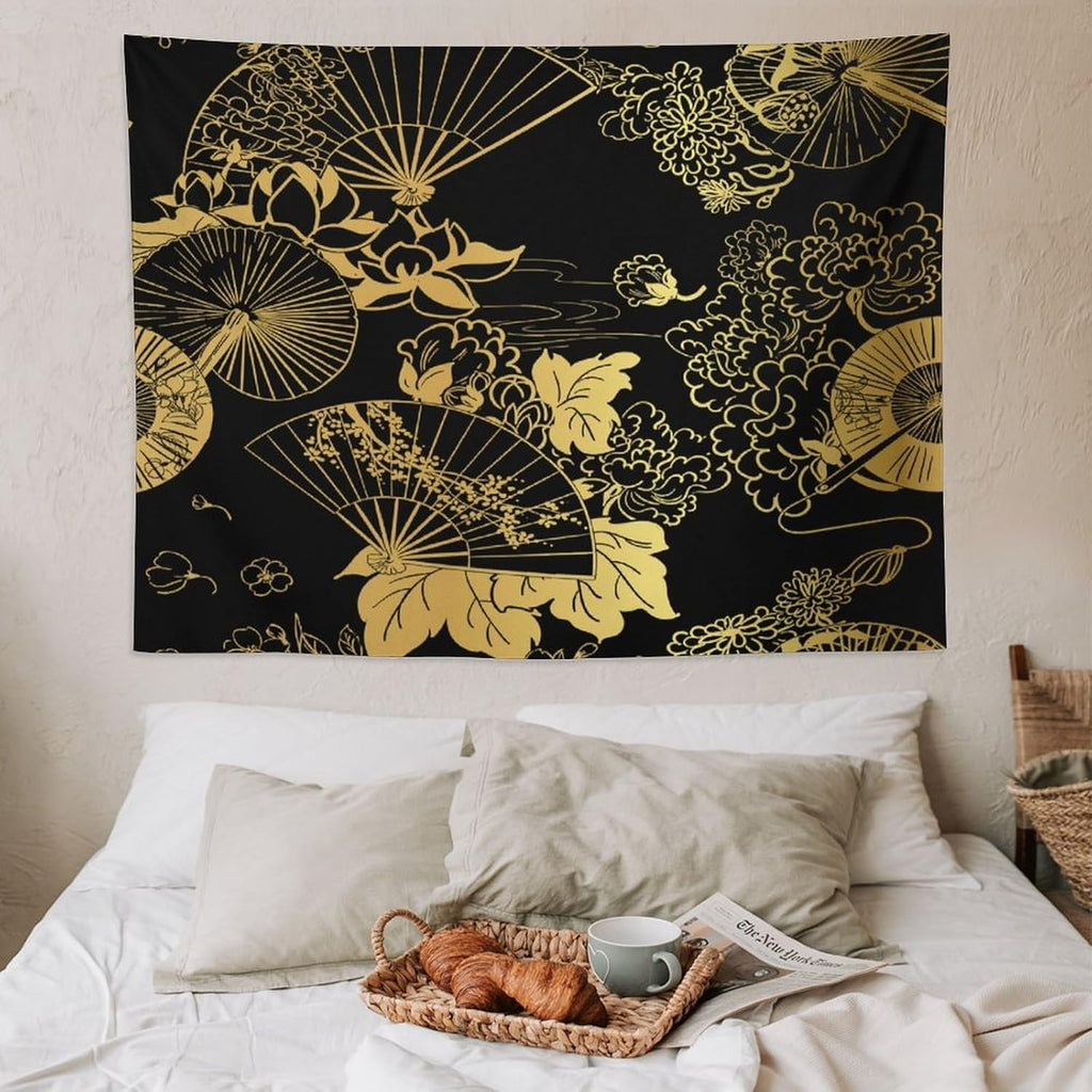 HZOHNAGO Japanese Tapestry Gold Flowers Umbrella Fan Pattern Printed Wall Tapestry Painting Wall Hanging for Bedroom Living Room Dorm 80" W x 60" H