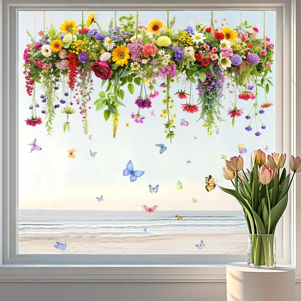 2 Set Colorful Floral Bouquet Window Stickers, Flower Butterfly Window Clings for Glass Windows,Floral Windows Film, Window Decals for Home Kitchen Bathroom Office Decoration