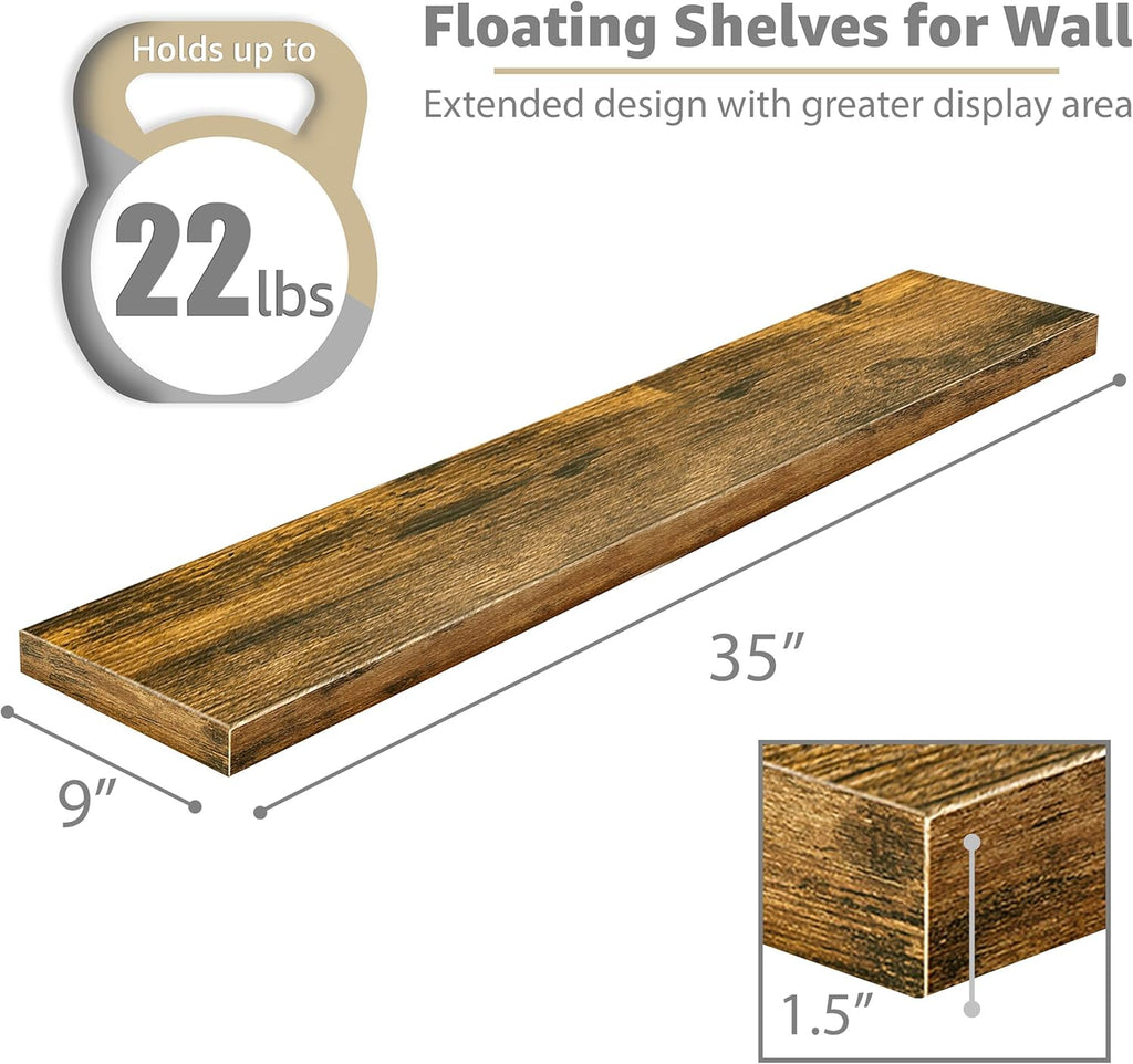 Sorbus Floating Shelves for Wall - 35 Inch Long Bathroom Shelves, Wall Decor for Bedroom, Kitchen, Living Room & Book Storage - Mounted Floating Shelf with Invisible Brackets (Rustic Brown, 2 Pack)