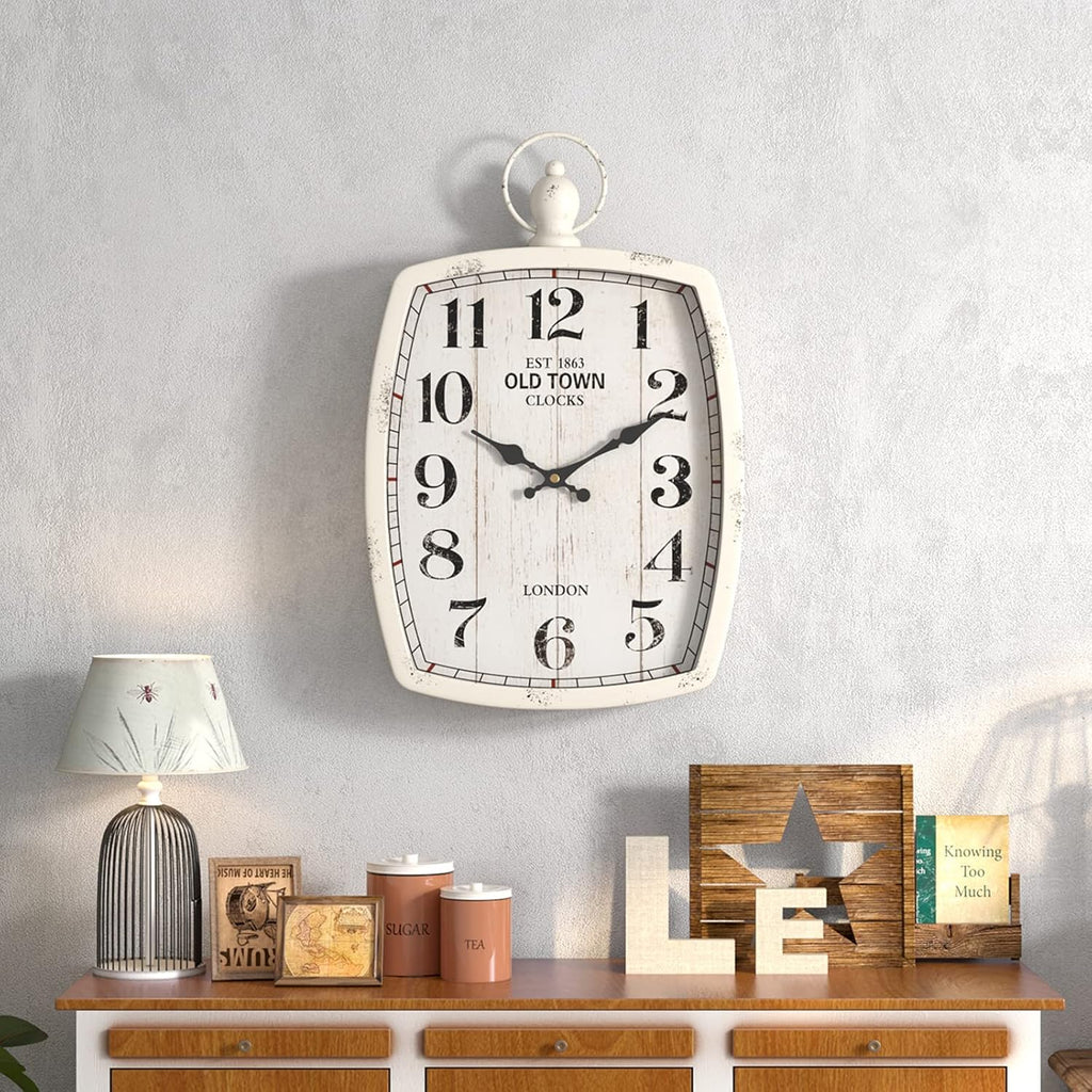Menterry Rectangle Retro Large Wall Clock, Old-Fashioned Vintage Design, White Antique Style, Battery Operated Silent Decor Wall Clocks for Farmhouse,Kitchen,Office (15.5" H x 10.2" W)