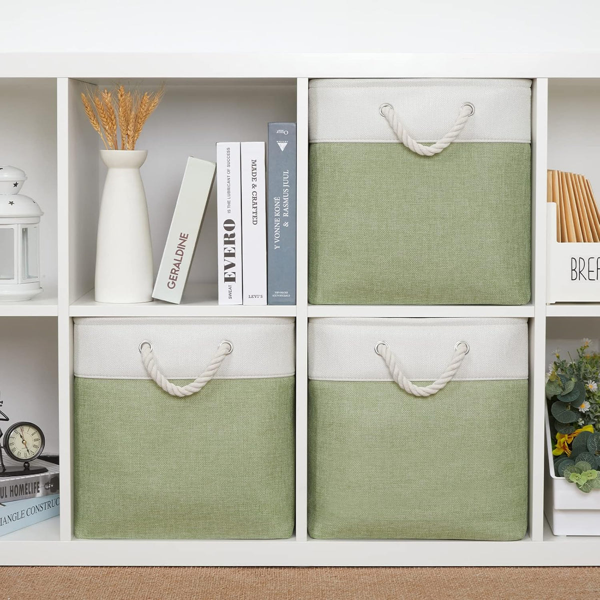Bidtakay Cubby Storage Bins Set of 3 Fabric Baskets for Shelves Closet Drawer Organizer Storage Cubes 13x13 Collapsible Organization Baskets for Nursery Toy Shelf (White&green)