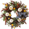 WANNA-CUL 24 inch Large Farmhouse Fall Wreath Decor for Front Door with White Pumpkin,Cotton,Lamb's Ear and Eucalyptus Leaves,Harvest Door Wreath for Autumn or Thanksgiving Decorations