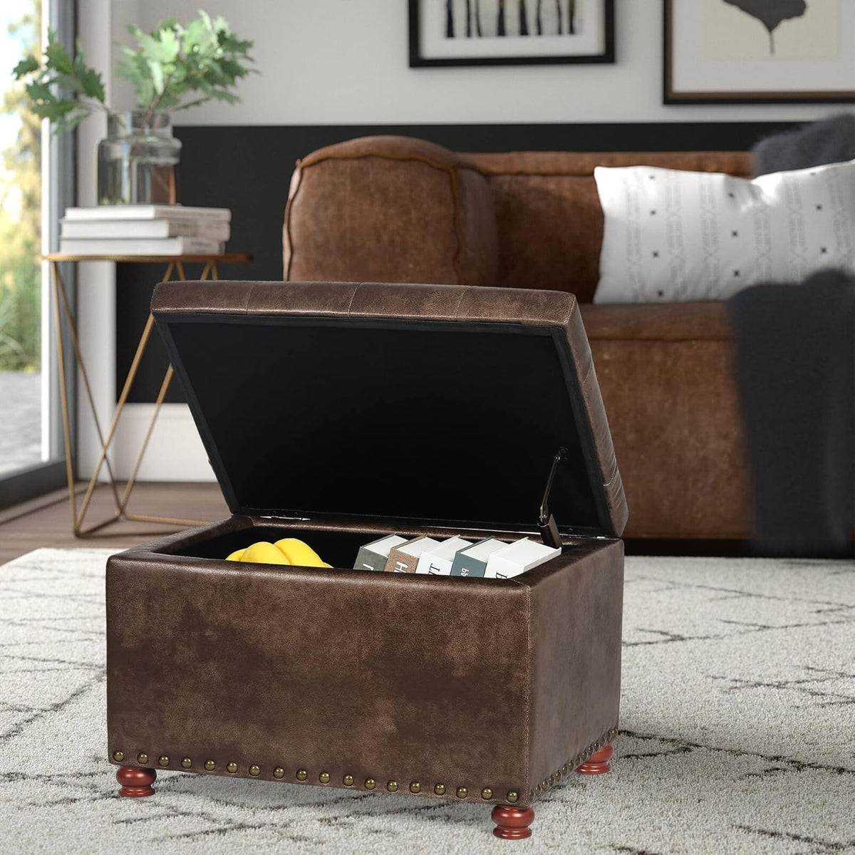24'' Leather Ottoman with Storage Rectangle Foot Rest Ottomans Stool for Living Room(Brown,Leather Texture)