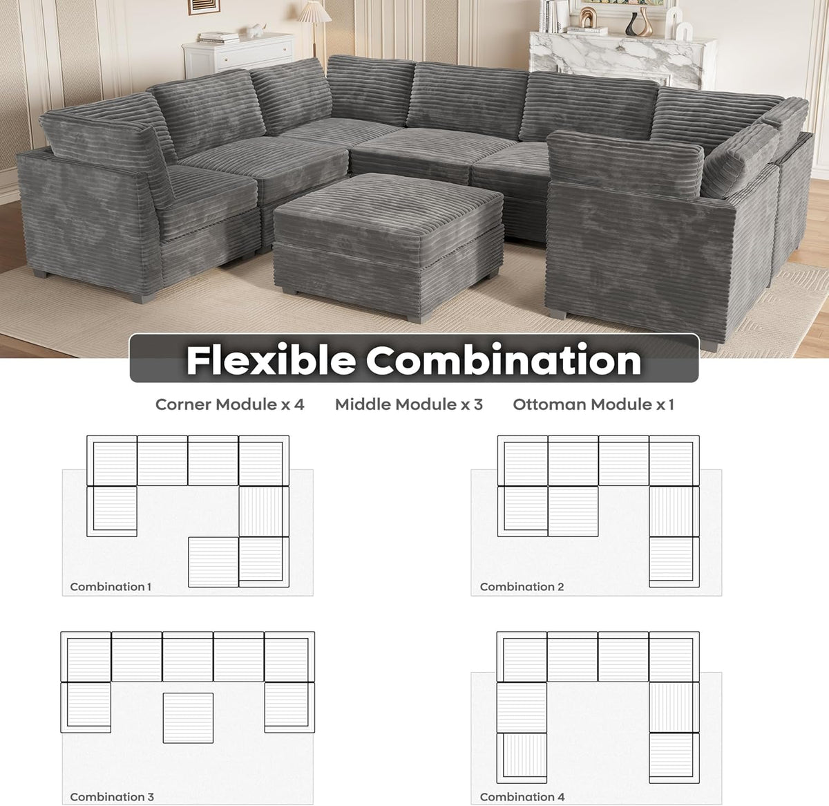 ovios Sectional Sofa Couch with U-Shape Chaise Sofa Bed, Comfy Modular Cloud Couches with Deep Seat, Modern Upholstered Plush Corduroy Sofas Set for Living Room, 8-Seater, Grey