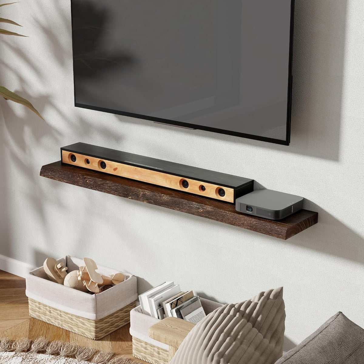 Fun Memories 48" Floating Shelves for Wall, Live Edge Solid Elm Wood Floating Shelf with Invisible Bracket, Wall Mounted Display Wooden Shelves for Bathroom, Kitchen, Bedroom, Walnut Color, Set of 1