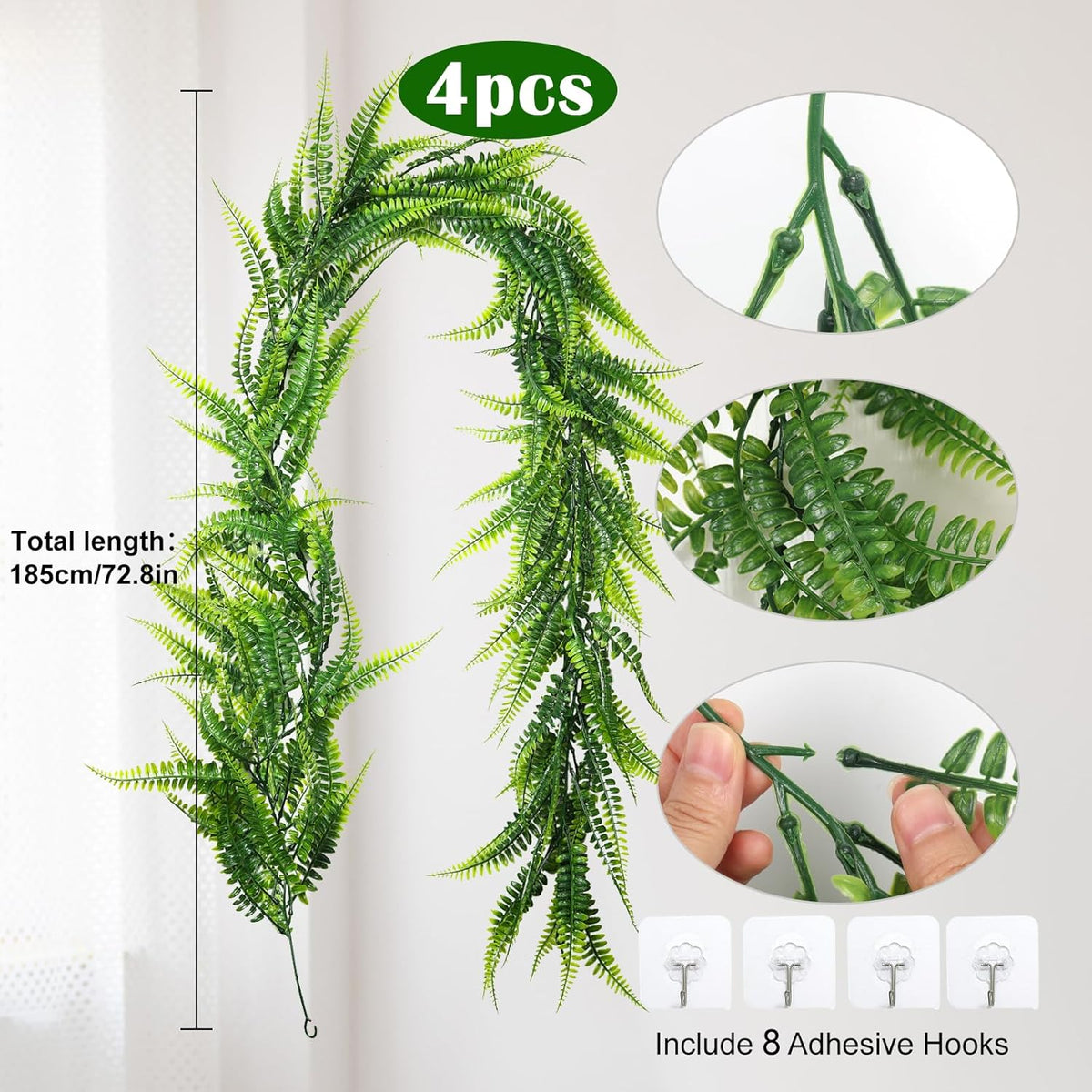 RECUTMS 4pcs Ferns Garland 6 FT Ivy Vines Fake Plant Artificial Hanging Plant Faux Boston Ferns Greenery Leaves Fake Vines for Outdoor Indoor Home Garden Decoration Party Table Wall Decoration(Green)