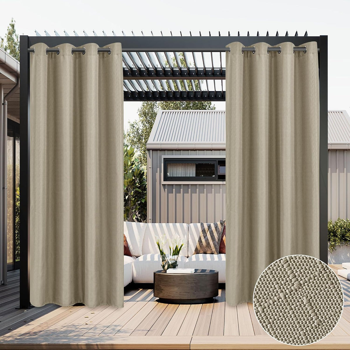 HolidayIdeas 2 Panels Linen Outdoor Curtains for Patio Waterproof Taupe Curtains 54"x 95"-Outside Curtains Weatherproof, Privacy, Textured for Pergola, Porch, Cabana, Gazebo