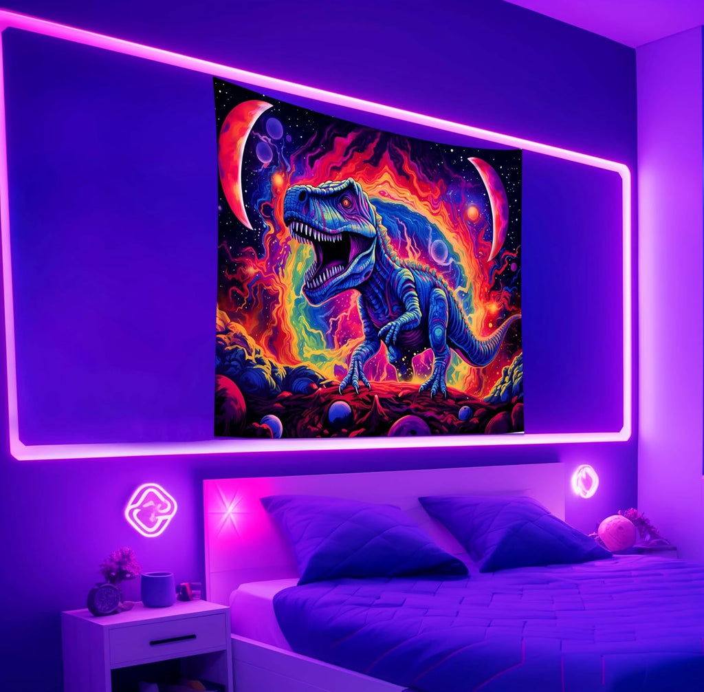 Dinosaur Wall Art, Blacklight Posters for Boys Room, UV Tapestry for Bedroom, Trippy Kids Wall Hanging, Dino Wall Decor (29x37in)