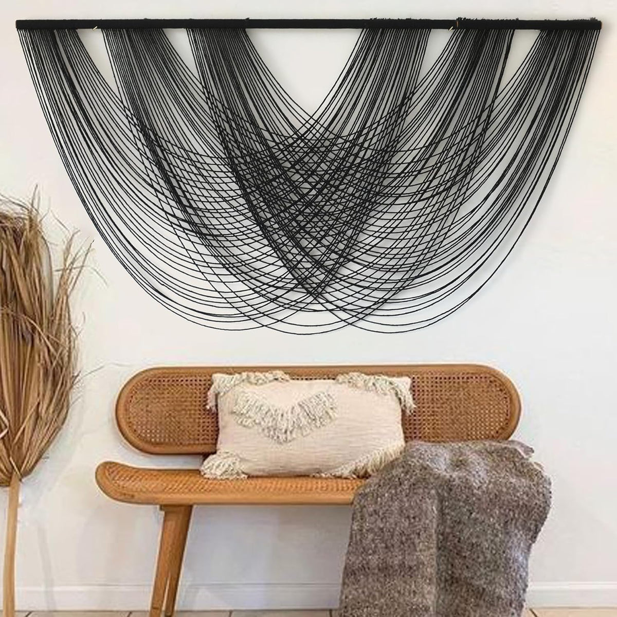 Flber Macrame Wall Hanging Black 59.00" W x 31.00" L Boho Wall Decor Large Boho Yarn Tapestry Living Room Bedroom Home Wall Décor
