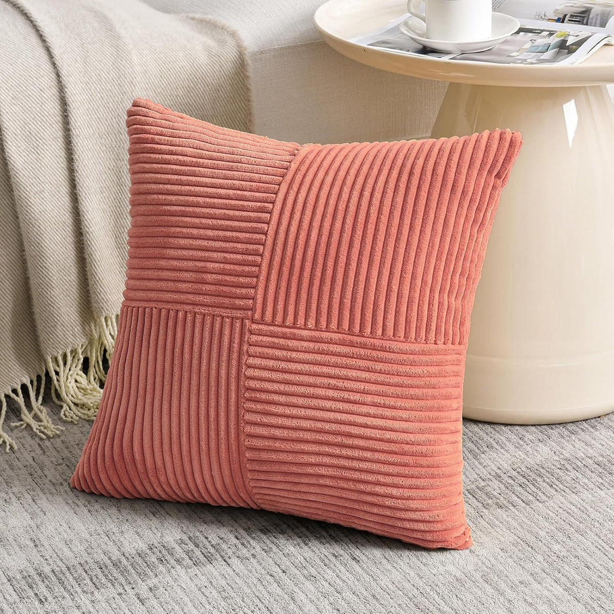 Fancy Homi 2 Packs Coral Decorative Throw Pillow Covers 20x20 Inch for Living Room Couch Bed Sofa, Rustic Farmhouse Boho Home Decor, Soft Corss Corduroy Patchwork Accent Peach Cushion Case 50x50 cm