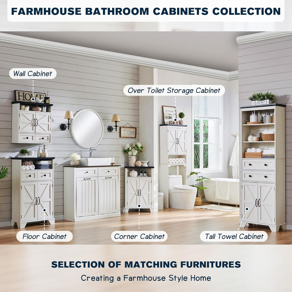 Bathroom Floor Cabinet, Farmhouse Storage Cabinet, 24" Wide Cabinet with Drawer, Adjustable Shelf, Barn Doors, Cabinets for Bathroom, Kitchen, Living Room, Off White