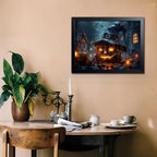 Wood Framed Dark Halloween Pumpkin Wall Art, Gothic Witch Hat Jack-o'-Lantern Canvas Print, Dark Academia Spooky Haunted House Poster Wall Art for Living Room Bedroom Room Aesthetics 16x24 inch