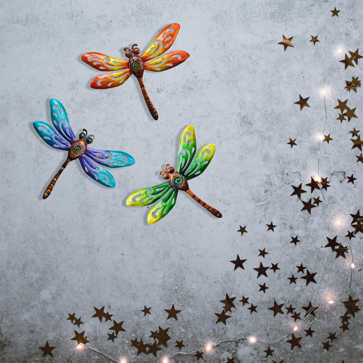 wotieuns Metal Dragonfly Wall Decoration, Garden Fence Outdoor Wall Art, Outdoor Wall Decoration, Outdoor Art Decoration Dragonfly, Suitable for Living Room, Bedroom, Yard and Porch, Set of 3