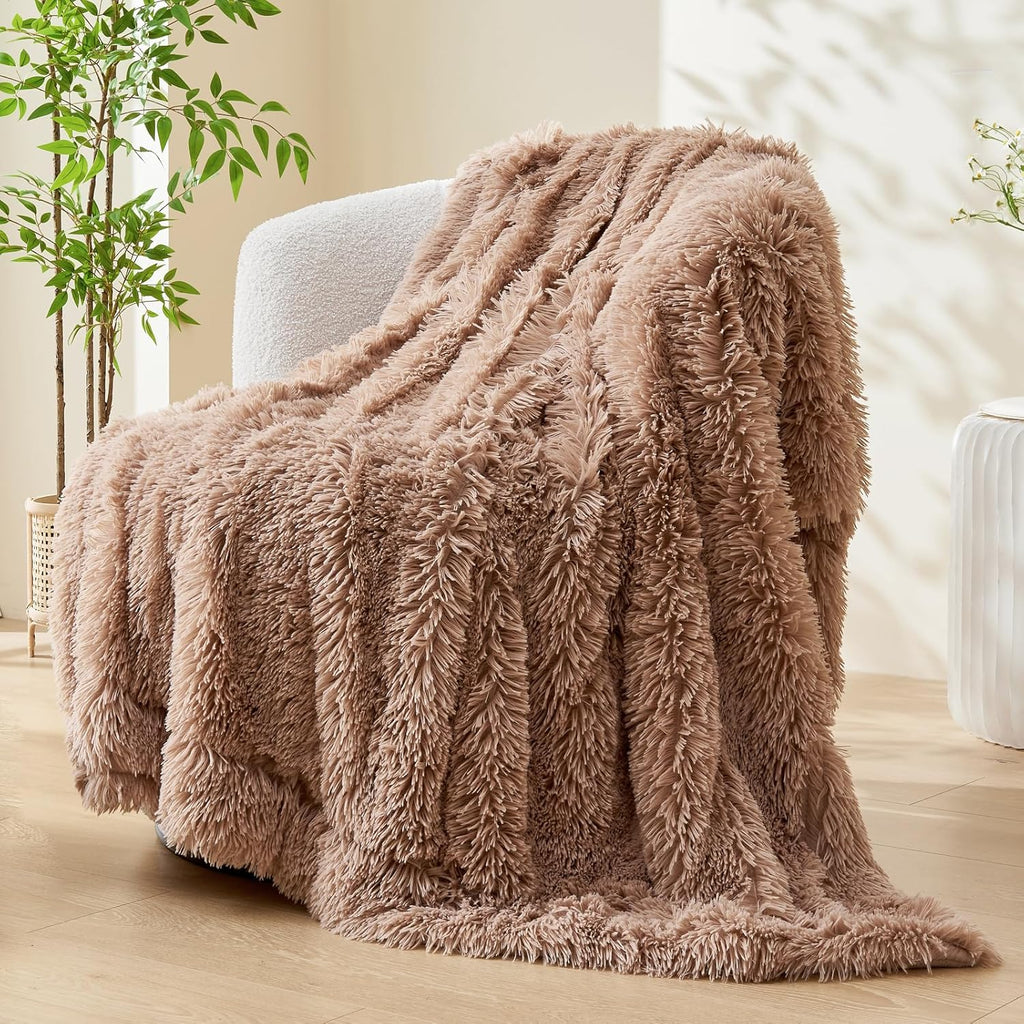 GONAAP Fuzzy Faux Fur Throw Blanket Twin Size Taupe Super Soft Cozy Plush Fuzzy Shaggy Blanket for Couch Sofa Bed (Taupe, Twin(60"x80"))