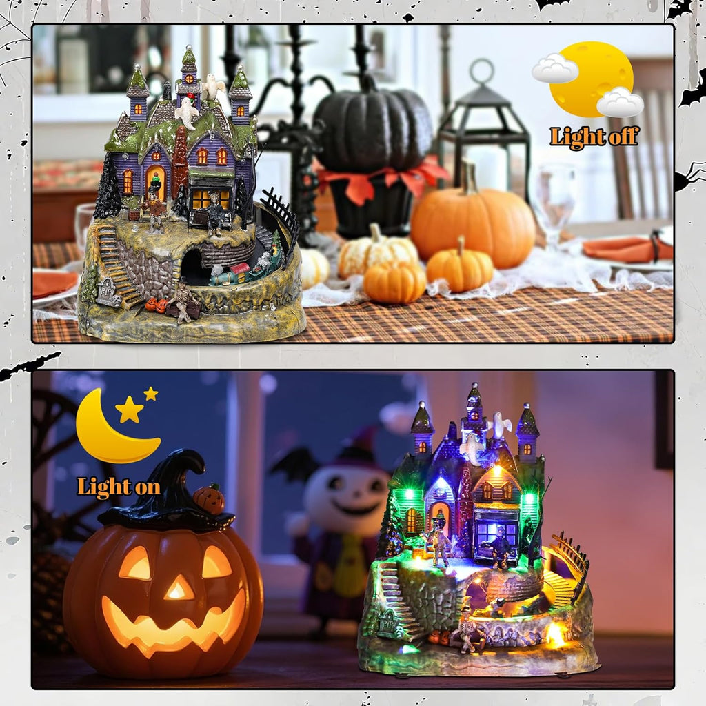 DREAM GARDEN Halloween Village Collection, Lighted Spooky Haunted House with Animated Train and Scary Sound Resin Spooky Town with Skull, Pumpkin, Ghost for Holiday Party Tabletop Decor