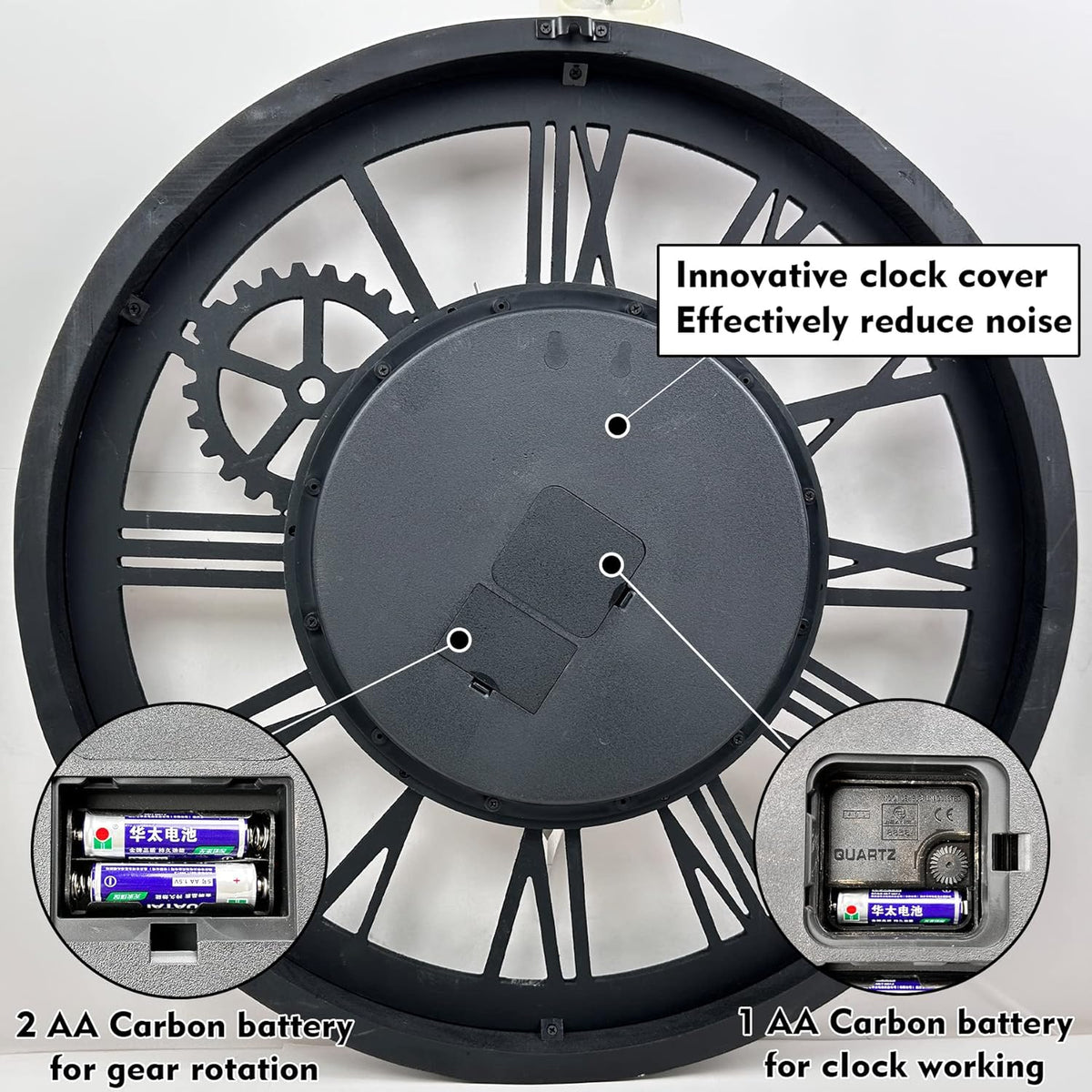 The B-Style Large Wall Clock 18 inch Moving Gear Wall Clock Oversized Vintage Farmhouse Wall Clocks for Living Room Decor Rustic Industrial Wood Clock (Black)