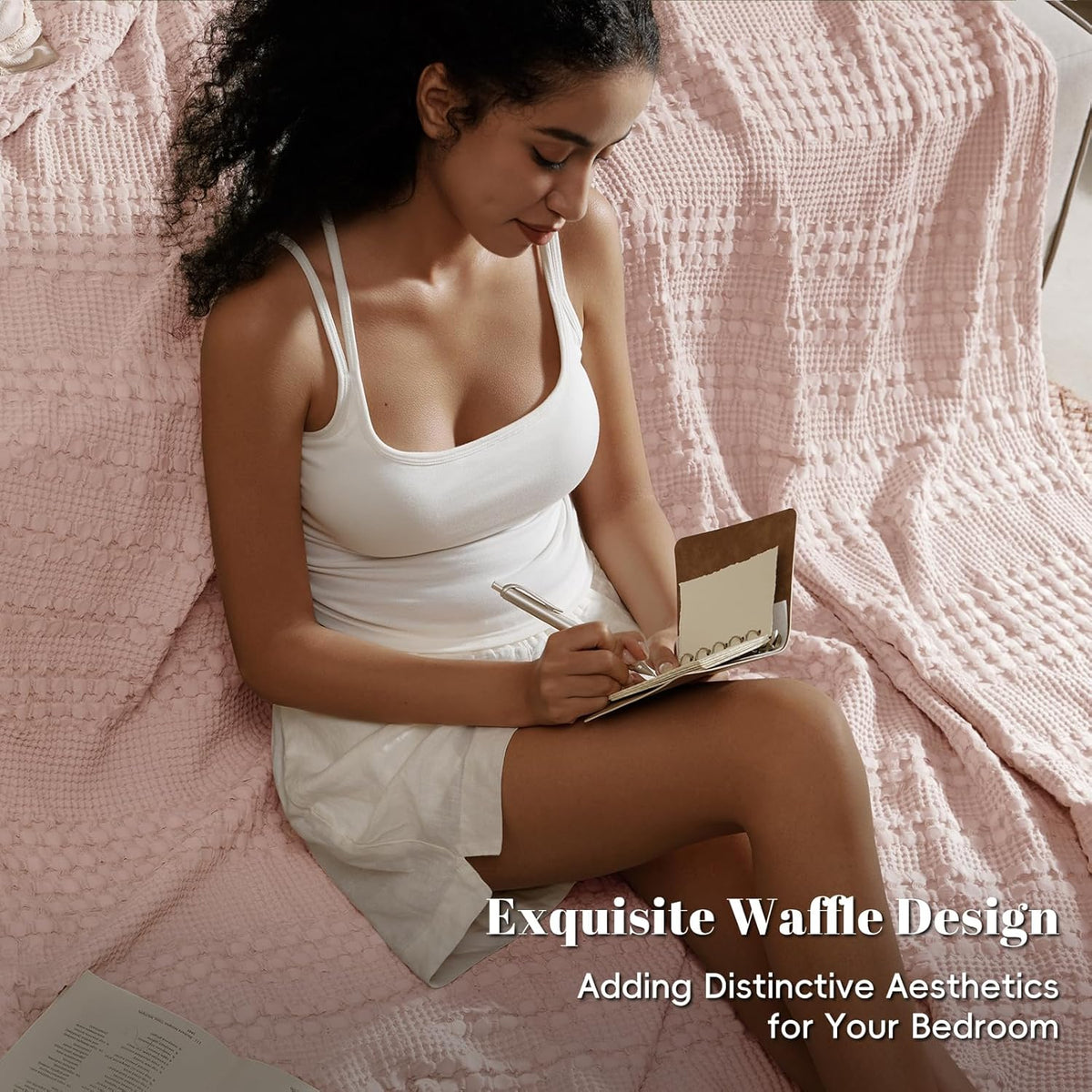 PHF 100% Cotton Waffle Weave Blanket Twin Size, Soft Lightweight Breathable Cozy Summer Blankets for Bed, Luxury Aesthetic Woven Bedding for Home Decor, 66"x90", Pink/Mauve