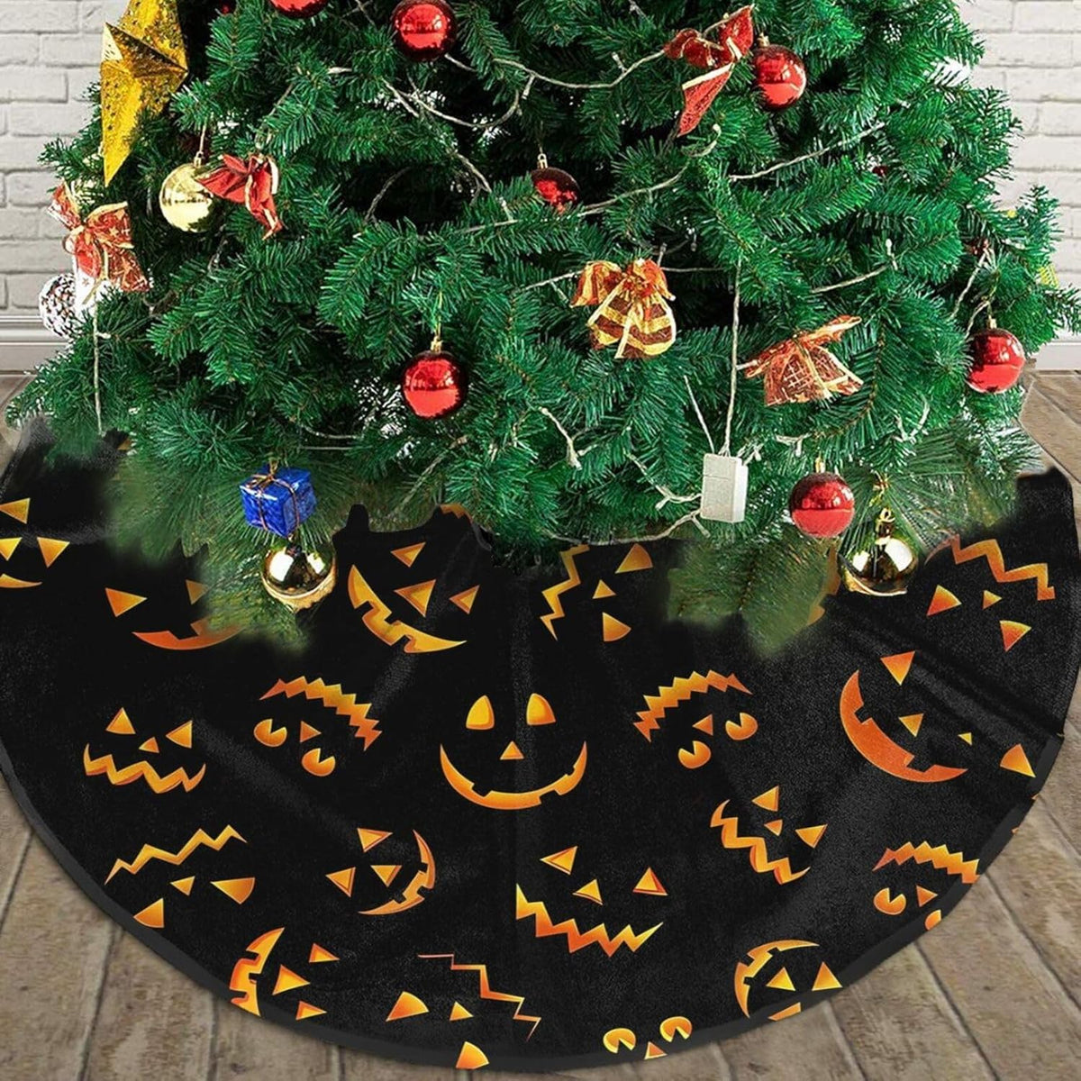 Christmas Tree Skirt,Jack O Lantern Pumpkin Smiles Xmas Tree Skirt Rustic Farmhouse Tree Skirt for Christmas Decor Xmas Holiday Home Party Decorations36