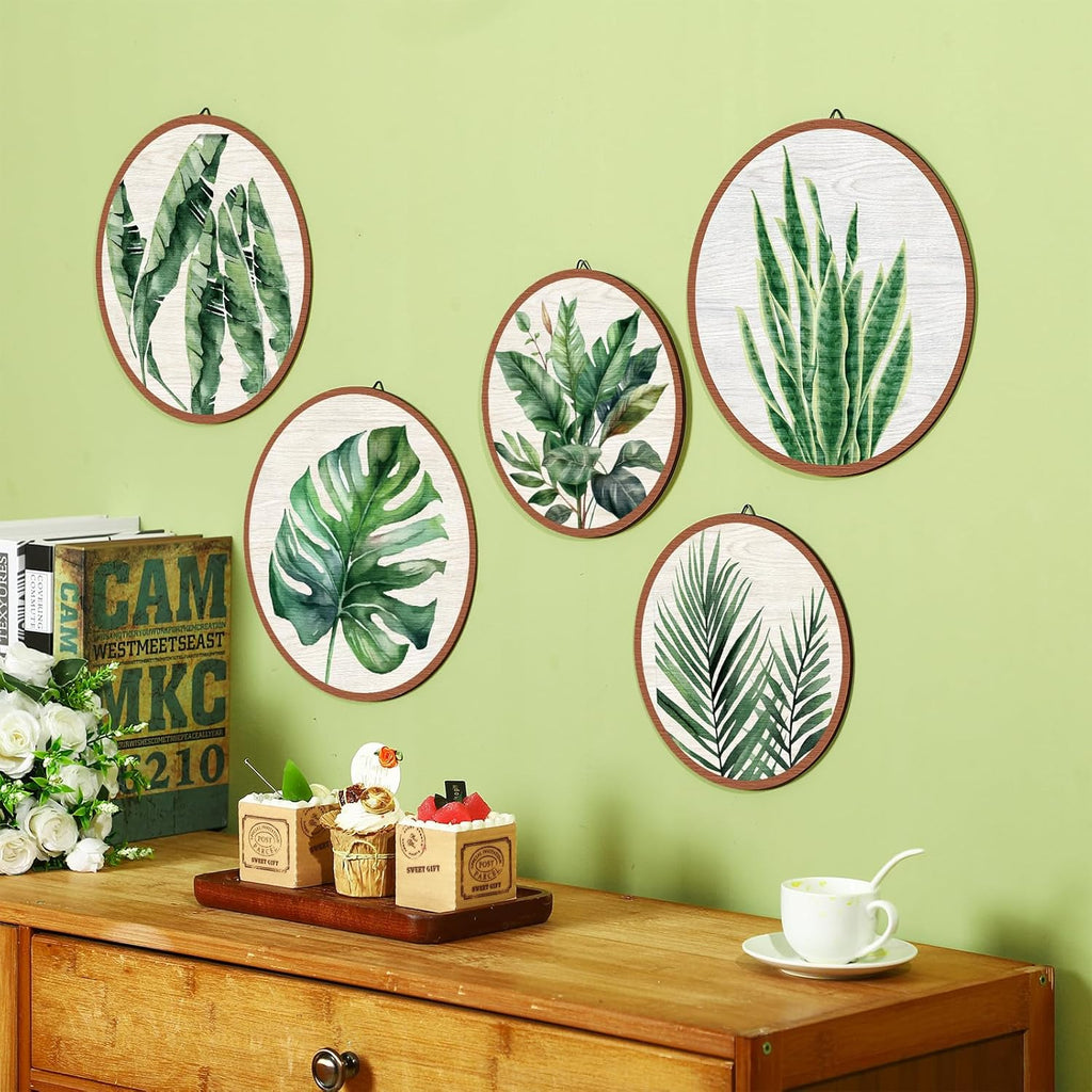 Qunclay 5 Pcs Wall Art Decor Wooden Living Room Wall Decor Bohemian Hanging Farmhouse Geometric 10'' and 8'' Aesthetic Wood Minimalist Posters for Bedroom(Leaves)