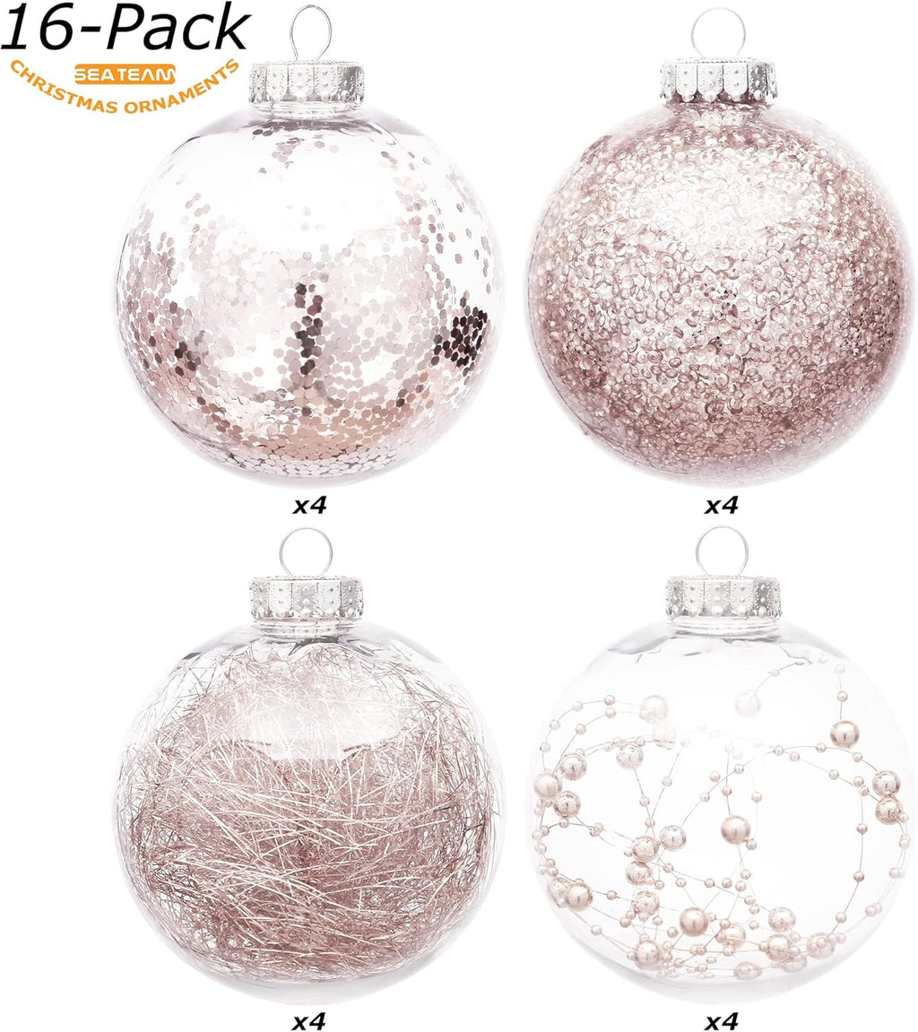 Sea Team Shatterproof Clear Plastic Christmas Ball Ornaments Decorative Xmas Balls Baubles Set with Stuffed Delicate Decorations (100mm/3.94 inch 16-Pack, Rose Gold)