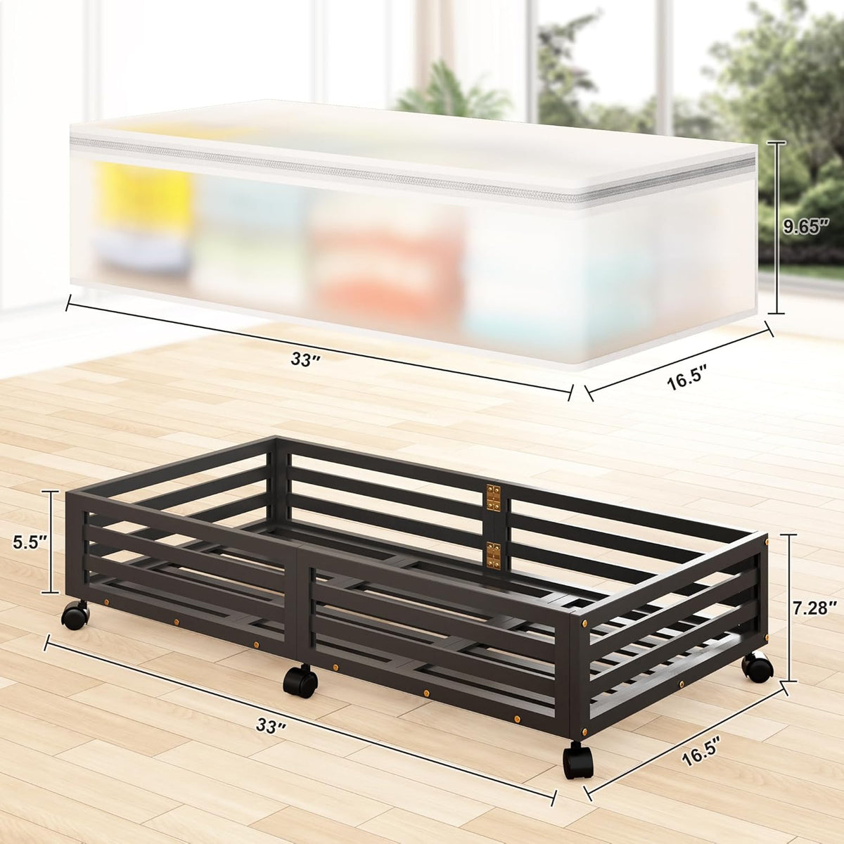 Under Bed Storage Containers With Wheels - 2 Pcs Large Bamboo Wood Rolling Underbed Shoe Storage Bins With Dust Bags for Clothes Blankets, Duvet Covers Snacks Toys (Black)