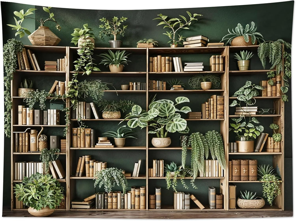 HVEST Green Plant Bookshelf Tapestry Book on Bookshelf and Plant Potted Tapestry Wall Hanging Reading Wall Art Decor for Study Room Bedroom Living Room College Dorm, 40L x 60W Inches
