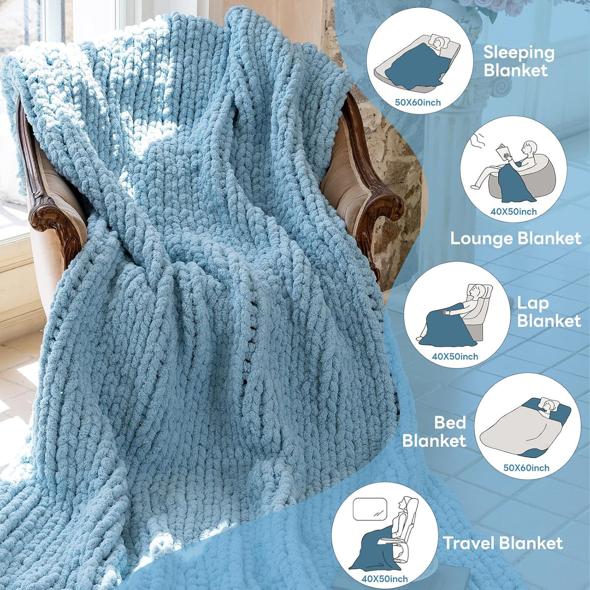 Chunky Knit Blanket - Luxury Soft Cozy 60 * 80 Throw Blanket,100% Woven Blanket Rope Knot Throw Blanket for Couch, Sofa, Home Decor, Gift - Machine Washable（Light Blue）