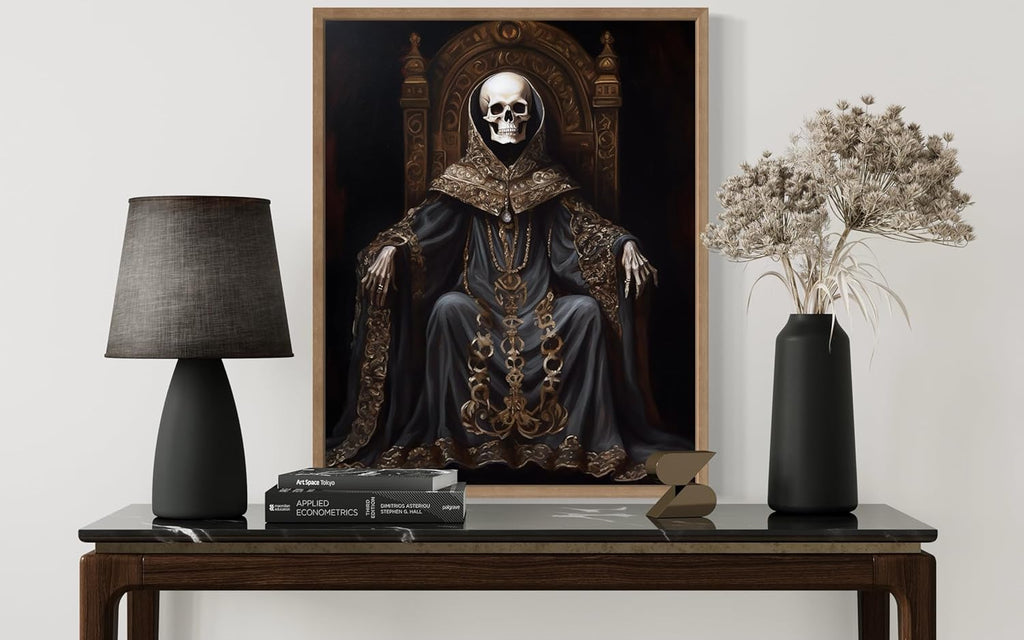 Skull King Poster Art Print, Halloween Scary Vintage Wall Art Academia Spooky Painting Decoration for Horror Prints, Gothic Posters Bedroom Decor 89 (Skull King 1, 8 x 10 inches, Wood Frame)