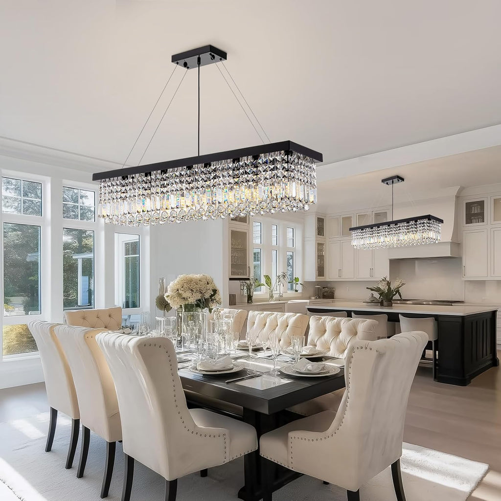 8 Light Modern Crystal Chandelier for Dining Room,Rectangular Rectangle Raindrop Crystal Light Fixture,Height Adjustable for Kitchen Island L40''xW10''xH10''
