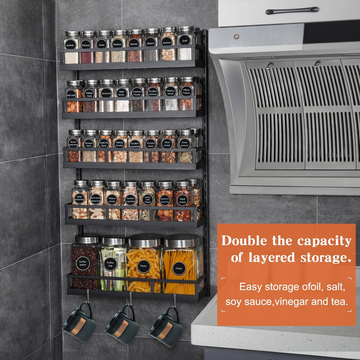 X-cosrack Wall Mount Spice Rack Organizer 5 Tier Height-Adjustable Hanging Spice Shelf Storage for Kitchen Pantry Cabinet, Dual-Use Seasoning Holder Rack with Hooks, Black-Patented