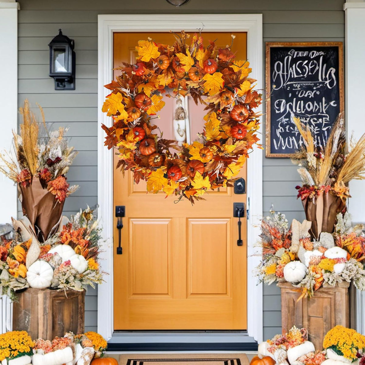 Uieke 28 Inch Fall Wreath for Front Door Outside Large Artificial Autumn Wreath with Orange Red Pumpkins Maple Leaves Berries Fall Decoration for Home Farmhouse Door Wreath for Harvest Thanksgiving