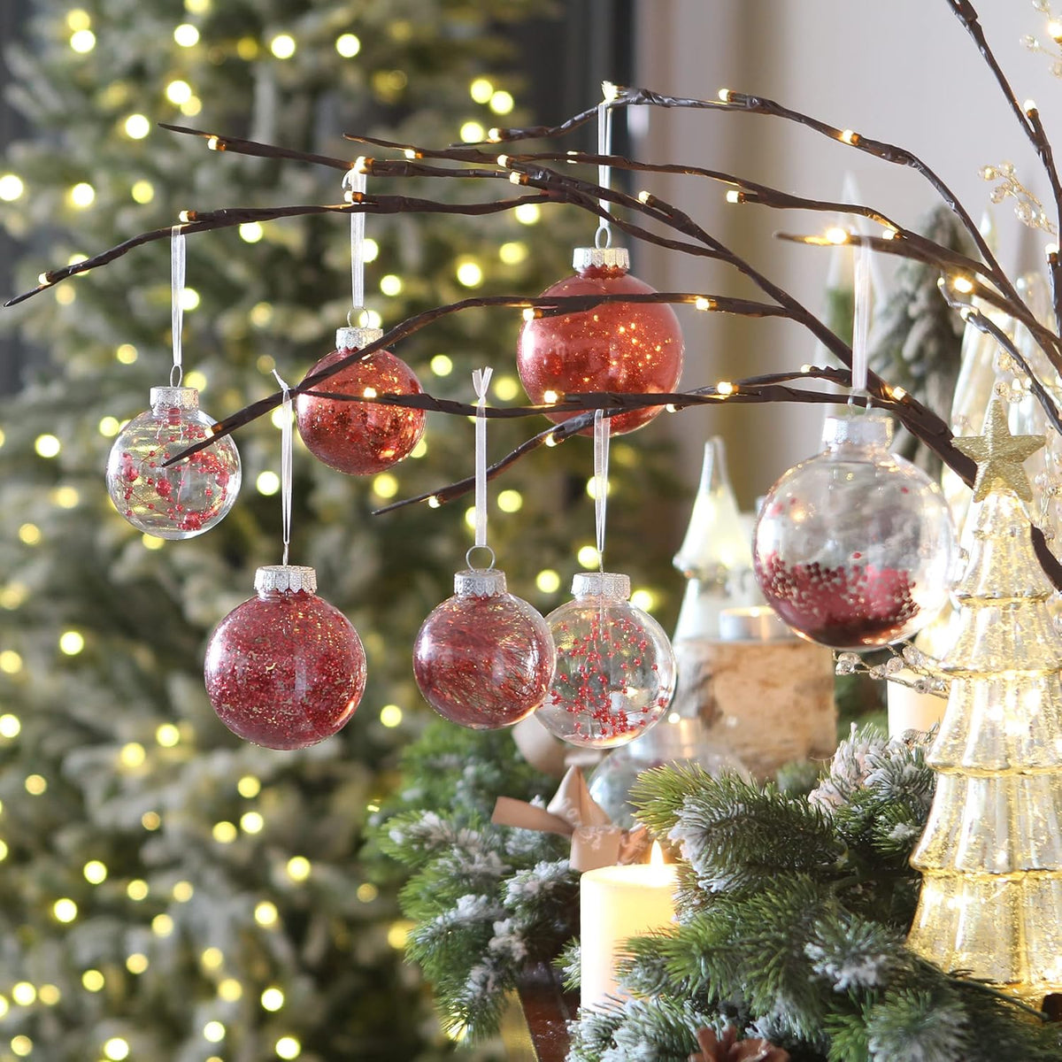 Sea Team 60mm/2.36" Shatterproof Clear Plastic Christmas Tree Ball Ornaments Set, Decorative Hanging Transparent Xmas Baubles with Stuffed Delicate Decorations (30 Counts, Gold, Red, Green)