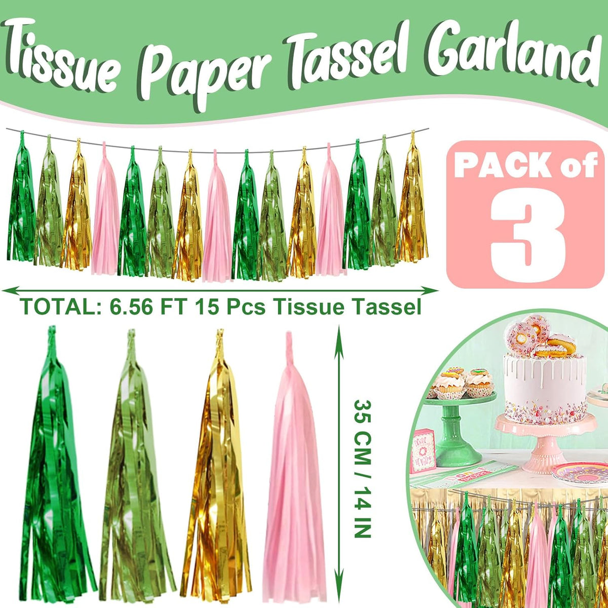3P Sage-Green Pink-Gold Foil Fringe Metallic Tassel Garland, Tassels Banner Streamers for Parade Floats, Bachelorette, Wedding, Birthday, Halloween, Christmas, Bridal/Baby Shower Party Decorations