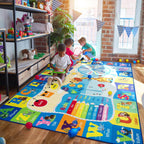 Kids Rugs for Playroom Bedroom Classroom Nursery, Non-Slip and Washable Rugs for Children Toddlers Girls, Educational and Fun Rug Carpets with ABC Alphabet Animals Shapes, 6x9, Blue