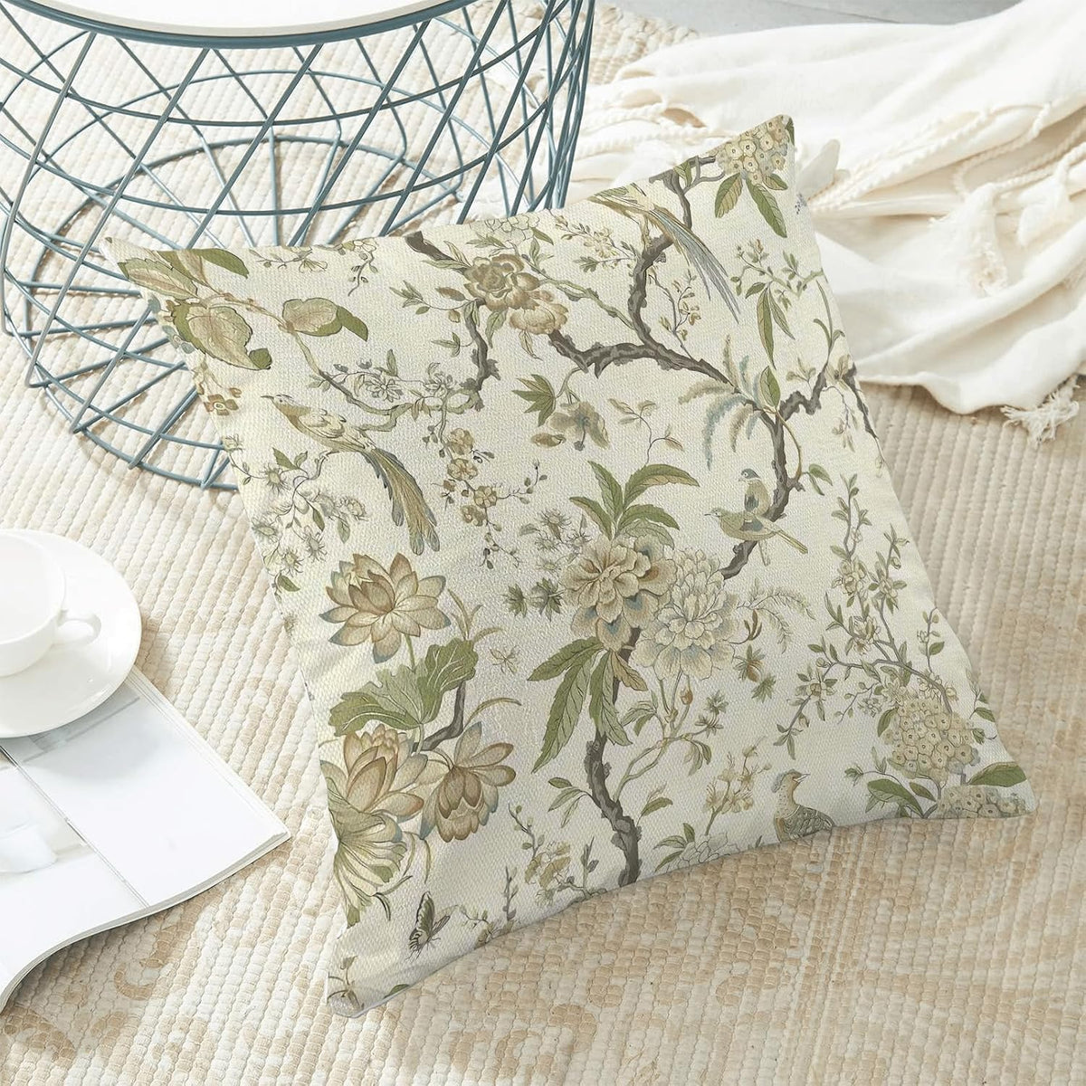 CXMEIFLY Spring Floral Birds Pillow Covers 16 x 16 Inch Set of 2 for Chinoiserie Flowers Decor Throw Pillows Sage Green Plant Outdoor Decorative Cushion Cases for Couch Bed Decorations
