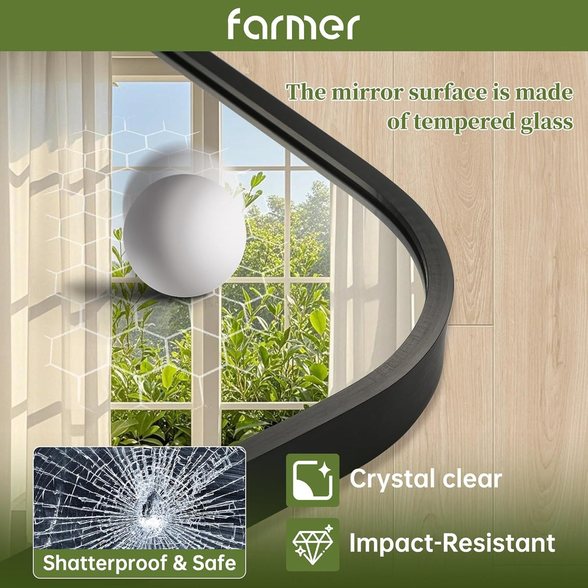 FARMER 24x36 Inch Black Bathroom Mirror, Rectangle Vanity Mirror, Brushed Mirrors for Wall, Metal Frame Hanging Mirror with Round Corner for Bedrooms, Entryways, Living Rooms, Horizontal/Vertical