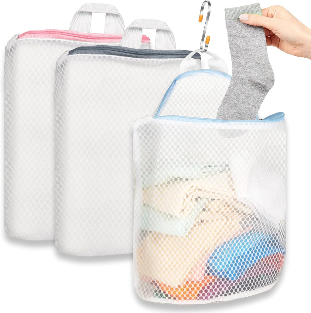 3Pcs Hanging Laundry Bags for Socks with S Hooks, 3 Color Mesh Laundry Bags for Washing Machine