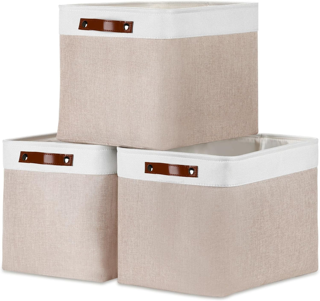 DULLEMELO Fabric Storage Bins, Lining Fabric Baskets For Gifts, Large Storage Baskets for Toys Books Clothes Storage, Foldable Storage Basket for Office Home Shelves Closets Organizing(White&Khaki)