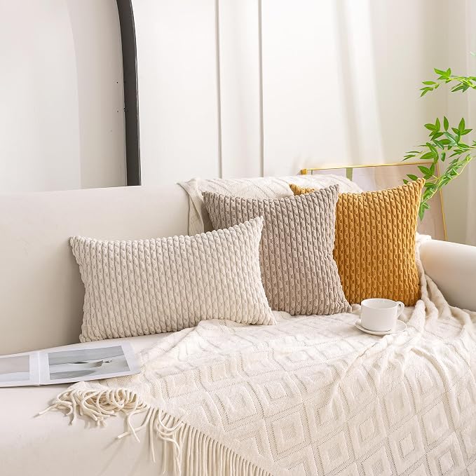 Set of 4 Beige Brown Coffee Decorative Throw Pillow Covers 18x18 Inch Corduroy - Image 3