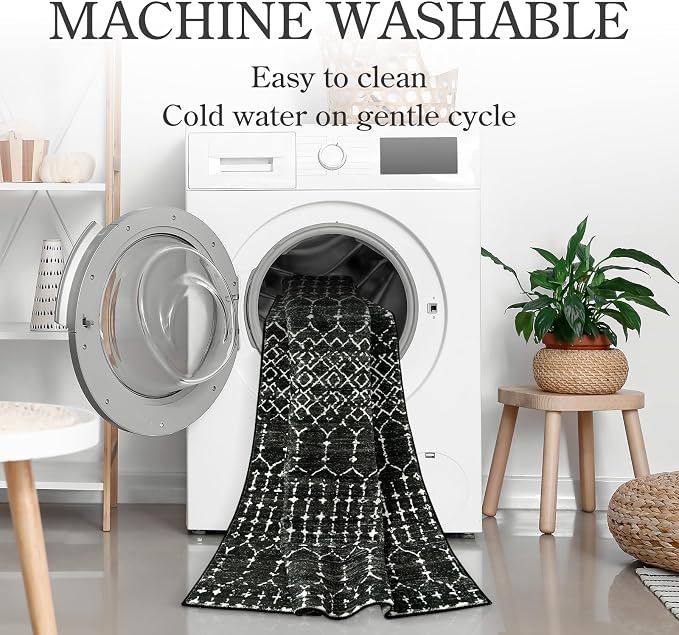 Lahome Moroccan Black Rug 2x8 Washable Non-Skid Kitchen Floor Runner, - Image 4