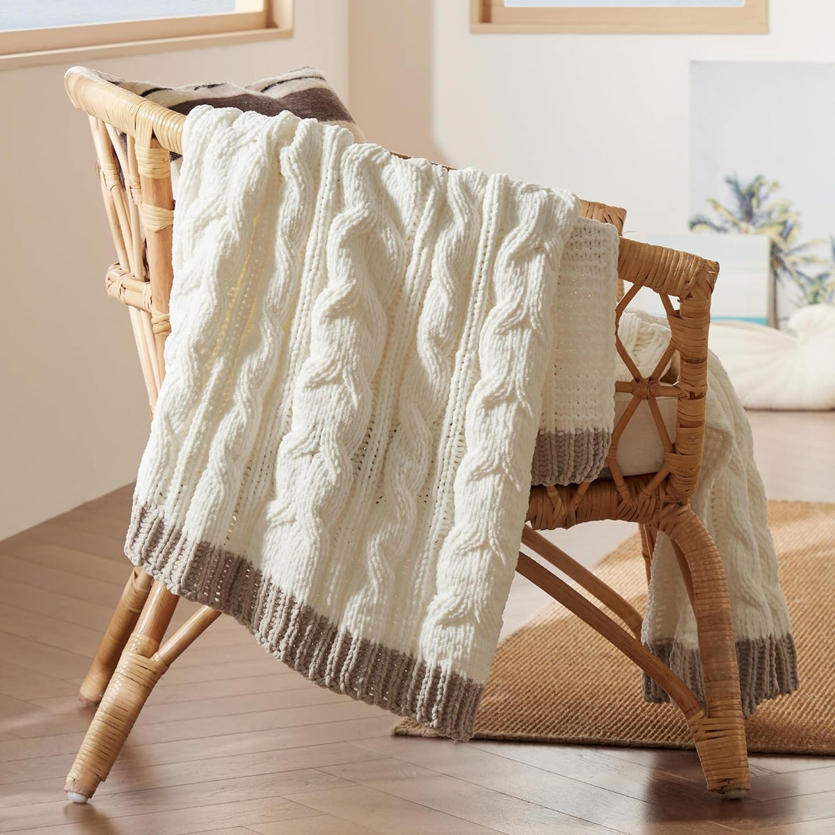 Bedsure Cable Knit Throw Blanket for Couch Bed - Breathable Chenille Chunky Knit Throw Blanket for Decorative Gift, GentleSoft Cozy and Warm for Winter and All Seasons, Cream, 50x60 Inches