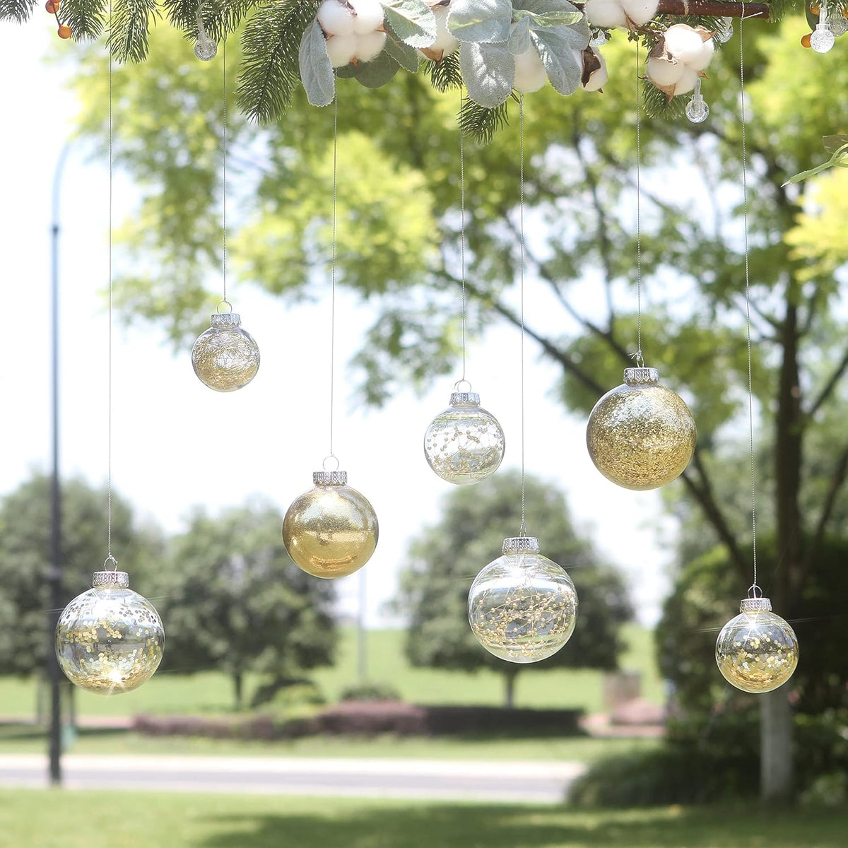 Sea Team Multi-Size Shatterproof Clear Plastic Christmas Tree Ball Ornaments Set, Decorative Hanging Transparent Xmas Baubles with Stuffed Delicate Decorations (48 Counts, Gold)